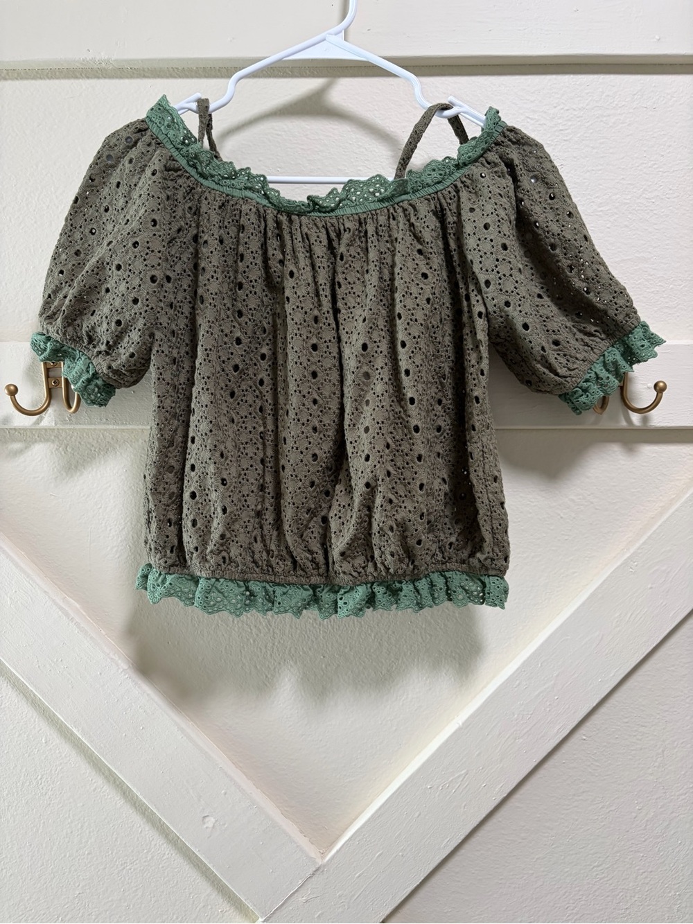 Olive Eyelet Off-Shoulder Cropped Blouse with Sage Lace Trim 100% Cotton